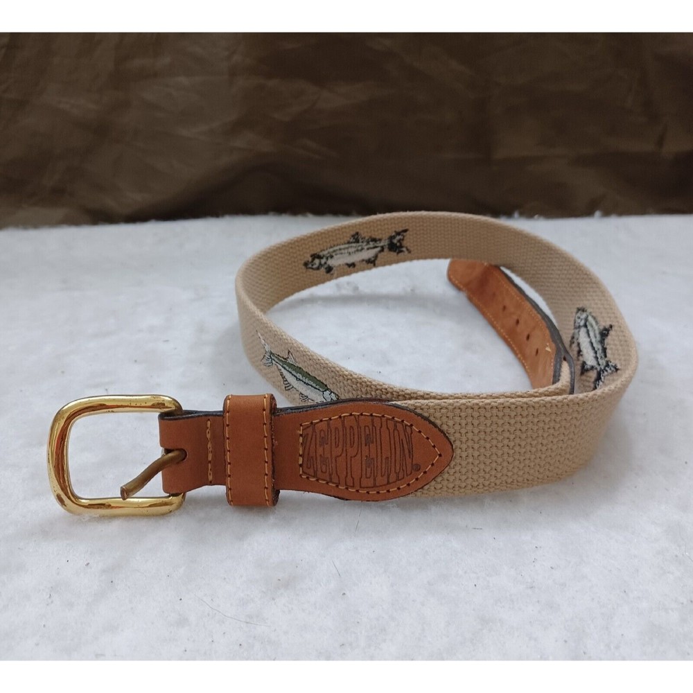 Zeppelin Belt Brn/Tan Canvas Embroidered Fishing Gold Brass USA Men US 32 USED